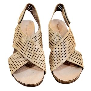 CHOCOLAT BLU Theo Perforated Leather & Suede Low Wedge Sandals Khaki Tan Size 8